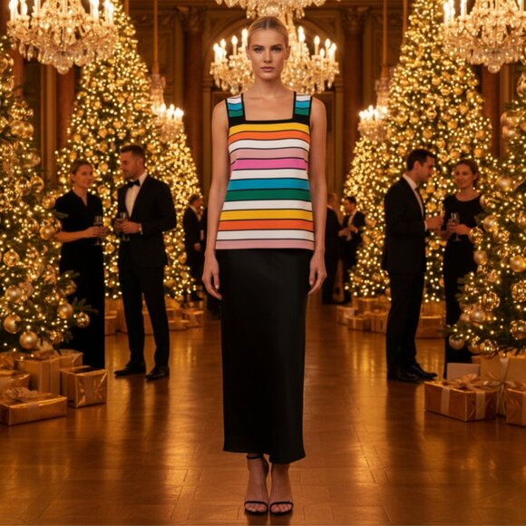 Elie Tahari Multicolor Striped Knit Tank Top | Premium Viscose Blend - Picture 1 of 16